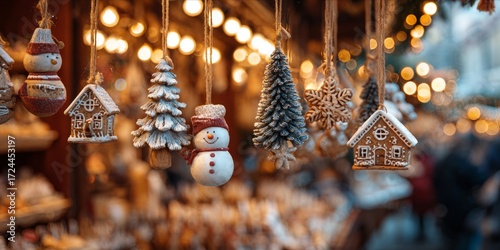 Festive Ornaments Adorn a Vibrant Christmas Market Illuminated by Warm Twinkling Lights