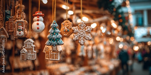 Enchanting Gingerbread Ornaments at a Festive Christmas Market Capturing Holiday Cheer