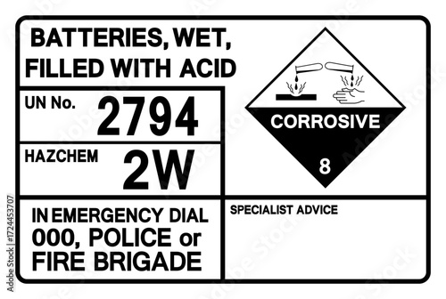 Batteries Wet Filled Whit Acid UN 2794 Symbol Sign, Vector Illustration, Isolate On White Background, Label.EPS10