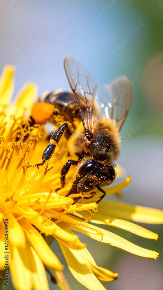 Naklejka premium Close-up of bee on dandelion (1)