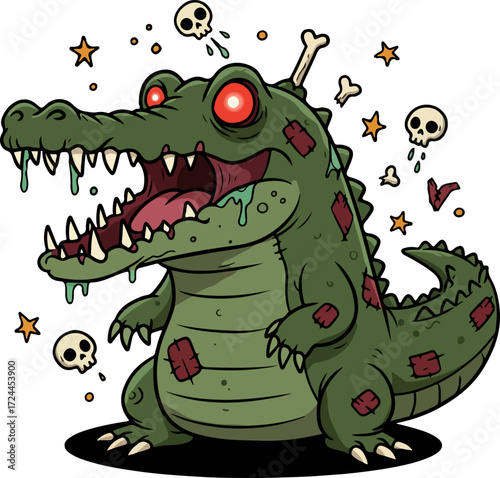 A cartoon zombie alligator with glowing red eyes, tattered patches, and small skulls floating around its menacingly open mouth.