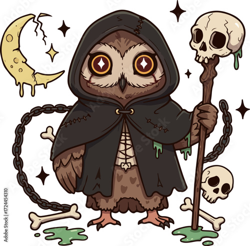 Whimsical cartoon owl sorcerer in a dark hooded cloak holding a skull staff, surrounded by mystical elements.
