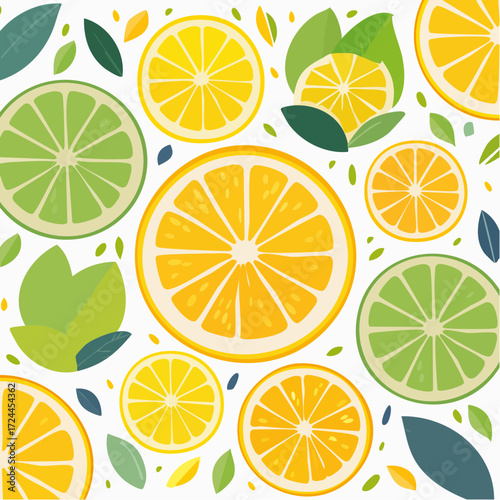 Vibrant Citrus Fruit Slices and Leaves Pattern