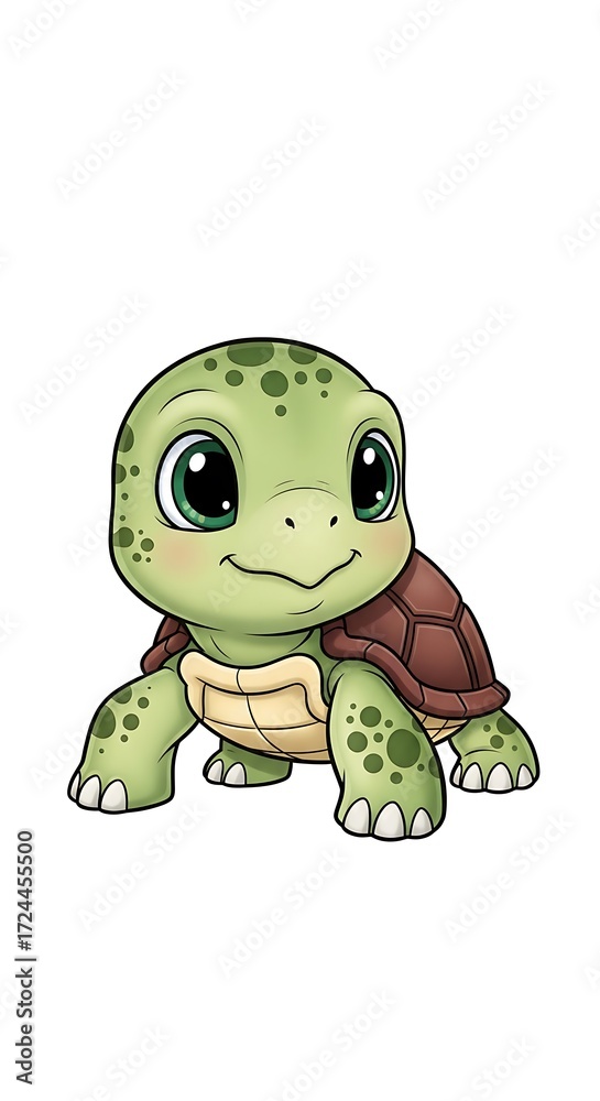 Obraz premium A charming, cartoon depiction of a small turtle, with vibrant green and brown hues, set against a clean white background.