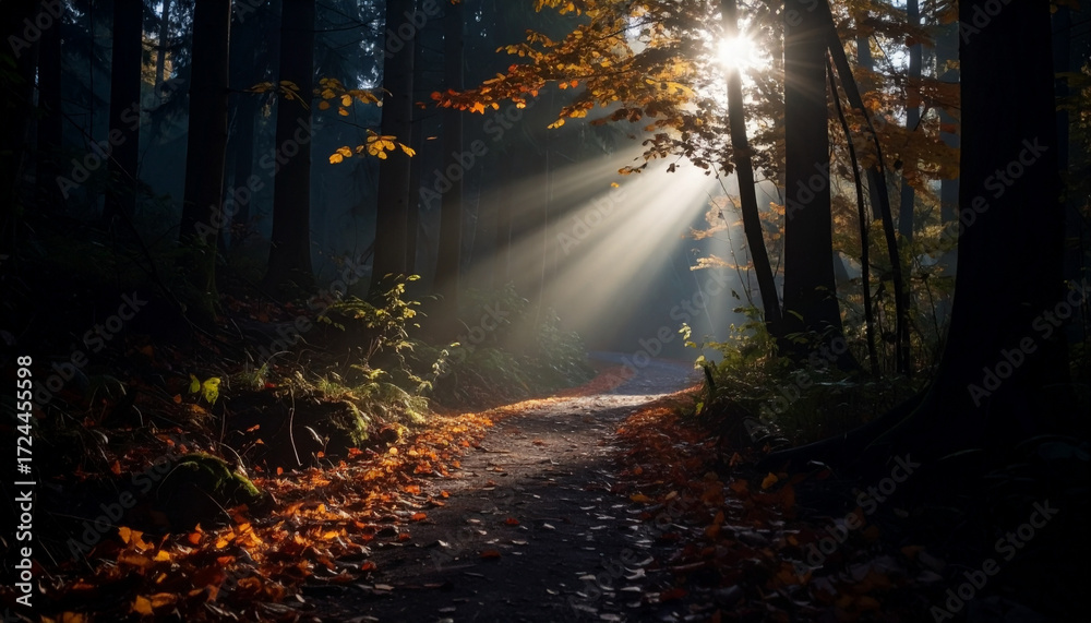 Naklejka premium Autumn Forest Path Sunbeams . Nature Concept. Generated Image