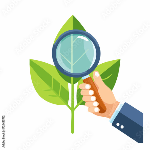 Hand Holding Magnifying Glass Examining Green Leaves