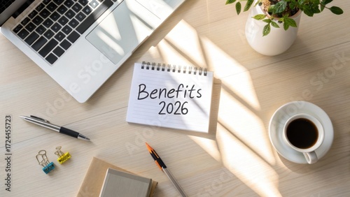 Office Workspace with Laptop, Notepad, Coffee Cup, and Plant, Focusing on Benefits for Future Planning in 2026