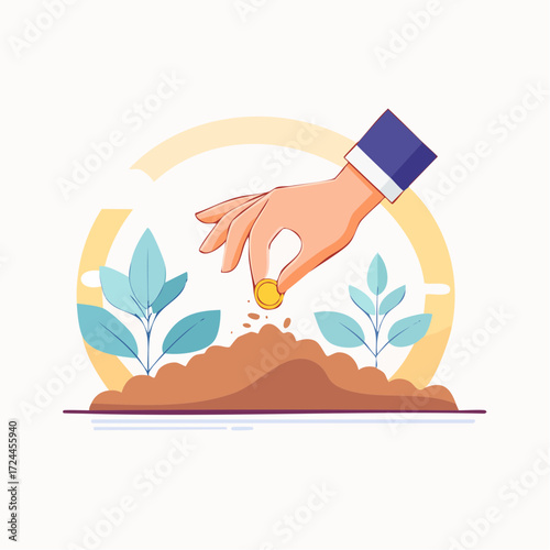 Hand Planting a Gold Coin into Soil with Green Leaves