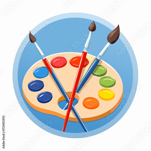 Painters Palette with Paintbrushes on Blue Background