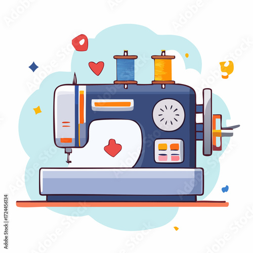 Blue Sewing Machine with Orange and Blue Thread Spools