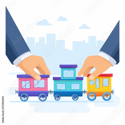 Hands Arranging Colorful Toy Train Cars Cityscape Background