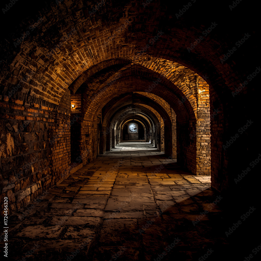 Fototapeta premium Dark and eerie vaulted cellar made of red bricks located beneath an ancient castle.