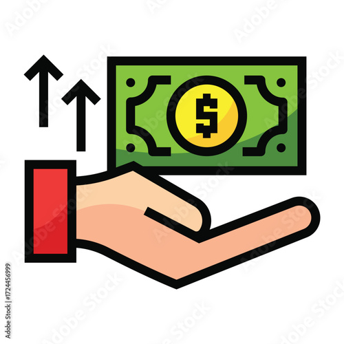 Hand holding a banknote with upward arrows
