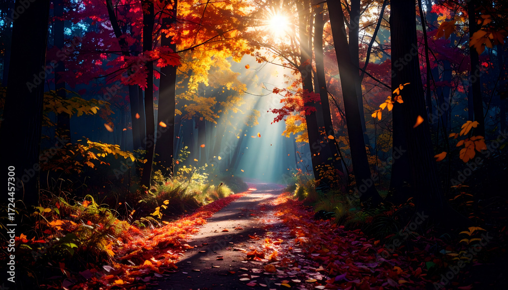 Naklejka premium Autumn Forest Path Sunbeams . Nature Concept. Generated Image