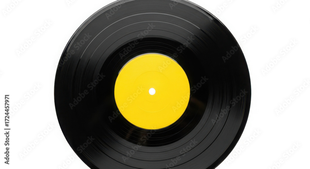 Fototapeta premium Close up of a black vinyl record with a yellow label on a white background