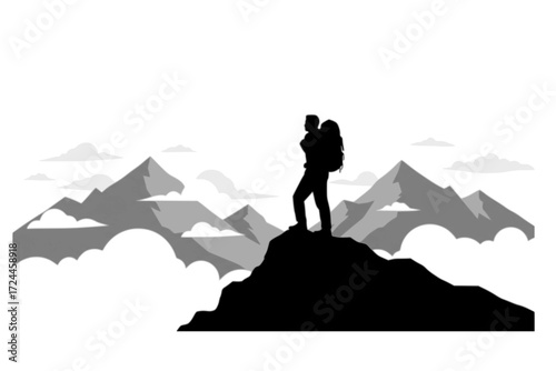 Mountain Hiker Silhouette Vector. Lone Figure with Backpack on Peak, Looking at Stylized Landscape. Accomplishment, Awe, and Adventure. Conquest of Nature.