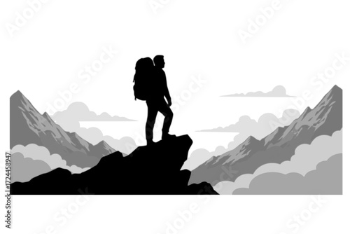 Mountain Hiker Silhouette Vector. Lone Figure with Backpack on Peak, Looking at Stylized Landscape. Accomplishment, Awe, and Adventure. Conquest of Nature.