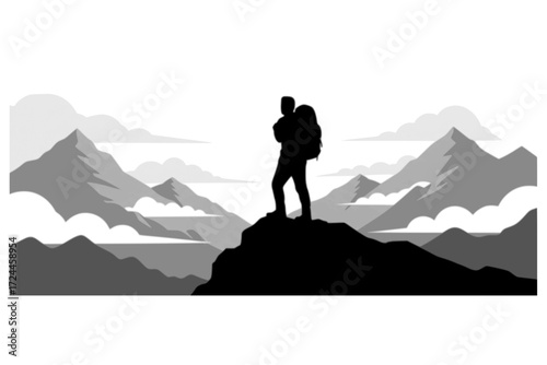 Mountain Hiker Silhouette Vector. Lone Figure with Backpack on Peak, Looking at Stylized Landscape. Accomplishment, Awe, and Adventure. Conquest of Nature.