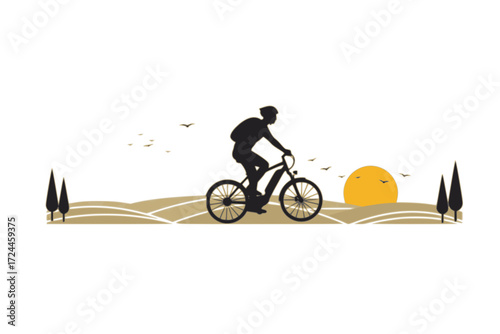 Modern Electric Bicycle Silhouette Vector. Dynamic Person Riding an E-Bike on a Minimalist Landscape. Sustainable Travel and Freedom. Clean Energy Commuting.