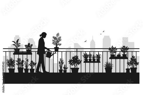 Urban Gardening Silhouette Vector. Person Tending Plants on City Balcony or Rooftop Garden. Green Living in the City. Sustainable Urban Lifestyle with City Skyline.