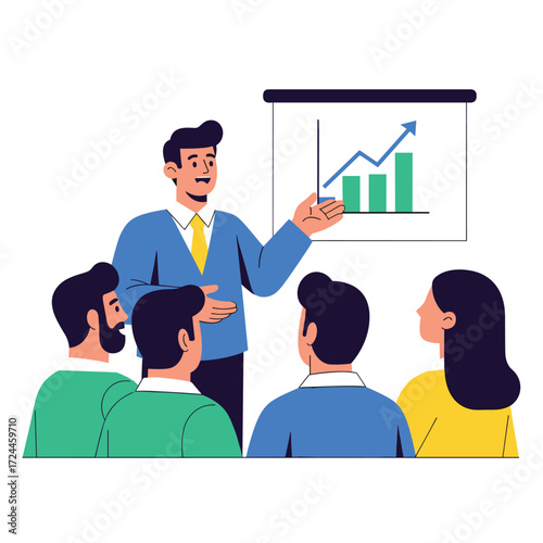 Charismatic leader using a megaphone to announce great news to his applauding and supportive team, a concept of success and motivation