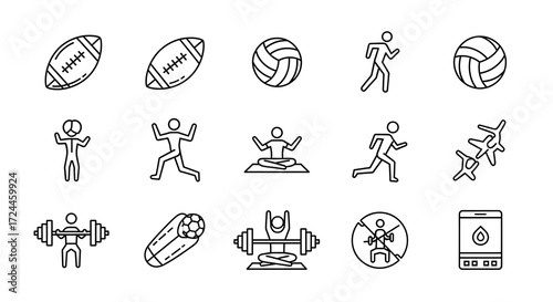 Sports and Fitness Icons: American Football, Volleyball, Running, Yoga, Weightlifting, Soccer, and Hydration App