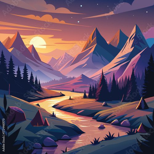 Mountain Valley River Scene At Golden Hour Sunset vector