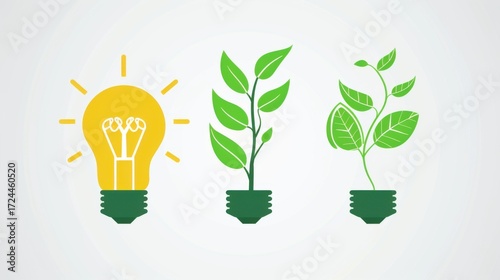 Eco-Innovation & Light Concepts: Green Energy Lightbulbs, Nature-Inspired Leaf Icons & Vector Illustrations