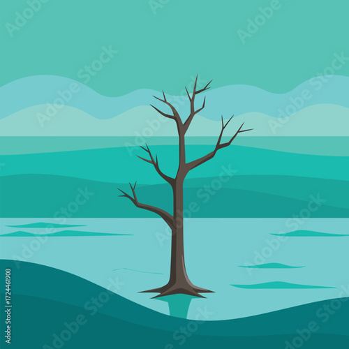 Solitary Bare Tree In A Teal Abstract Landscape dead