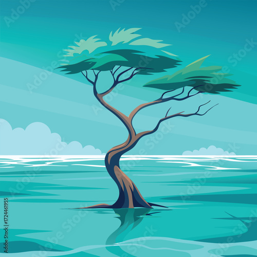 Solitary tree in turquoise water with stylized clouds