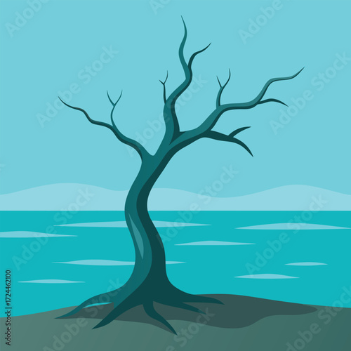Stylized bare tree on a desolate landscape with water