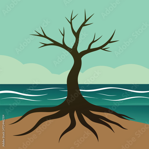 Stylized bare tree with prominent roots on a sandy shore by the ocean