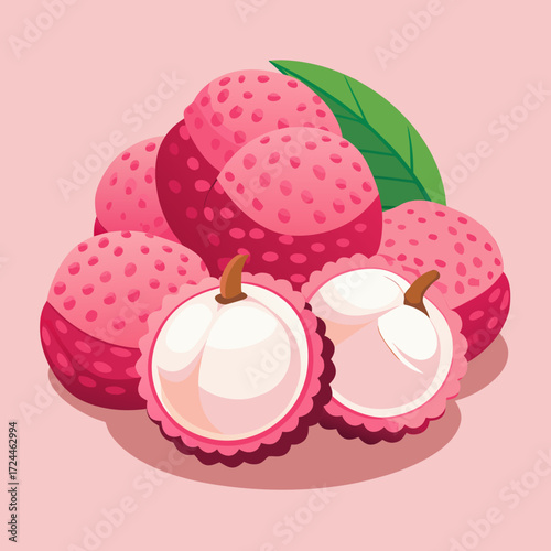 A cluster of fresh lychees in their pink, bumpy shells, with one peeled to reveal the glossy white fruit and dark seed. On a soft pink background, tropical, delicate flavor concept.