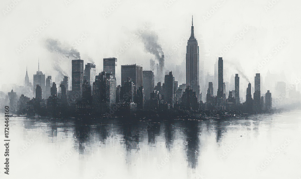 Fototapeta premium A grayscale cityscape, enveloped in mist and smog