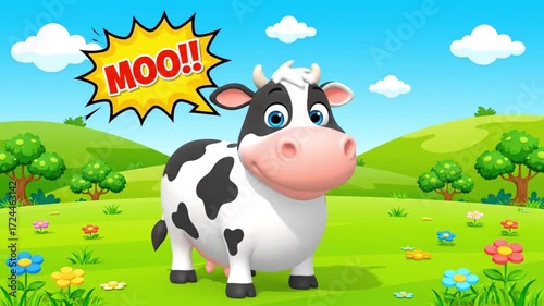 Cartoon cow saying moo in a colorful sunny meadow with flowers and trees