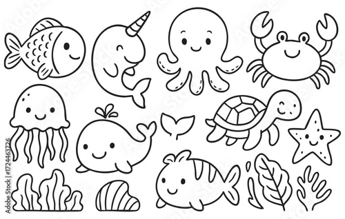 Cute Sea Animals Doodle Collection with Fish, Turtle, Whale, Octopus, and Crab Isolated on Transparent Background, Generative AI