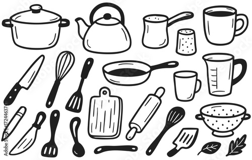 Kitchen Utensil Doodle Collection with Pots, Pans, Knives, and Cooking Tools Isolated on Transparent Background, Generative AI