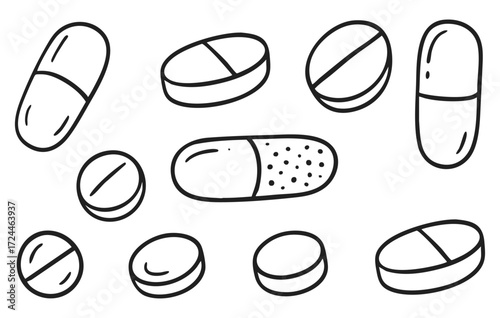 Medicine Pills and Capsules Doodle Collection Isolated on Transparent Background, Generative AI
