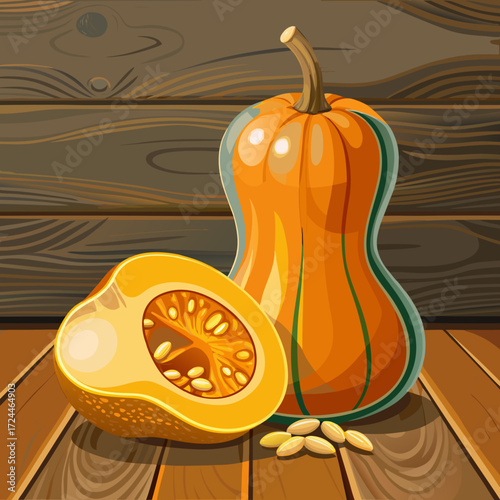 A whole butternut squash and one halved lengthwise, revealing the orange flesh and seeds, on a rustic wooden table. Autumn harvest concept, soft side lighting, hearty vegetable.