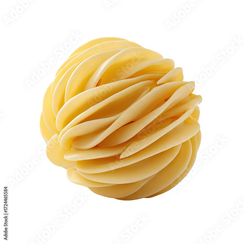 Creamy, light yellow, sculpted sphere with swirling, layered texture