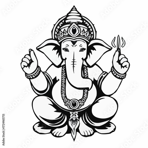 Detailed drawing of Hindu God Ganesha, perfect for cultural events and spiritual designs, offering a touch of traditional artistry and timeless appeal