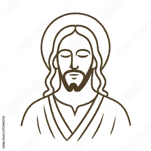 Serene depiction of Jesus Christ with halo, a symbol of faith, hope, and divine love, rendered with graceful lines, originally scalable vector graphic