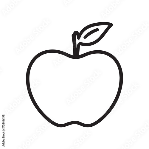 An outlined apple with a leaf shows minimalist fruit on a white background