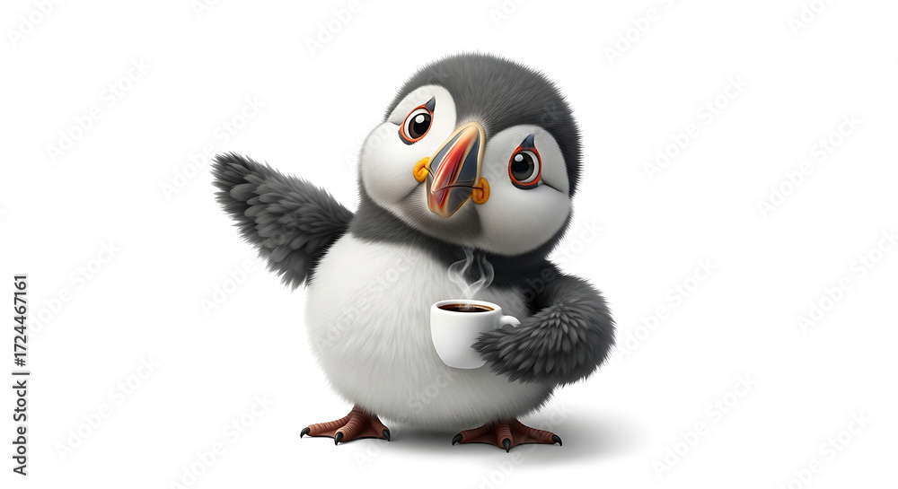 Fototapeta premium Cute puffin waving hello while holding a steaming cup of coffee on a clean white studio background