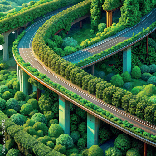 Green Highway in Nature: An aerial perspective captures a winding, elevated highway seamlessly integrated with a vibrant, thriving ecosystem.
