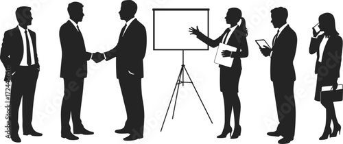 Business team silhouettes, corporate professionals meeting, handshake agreement, teamwork collaboration, presentation training, office communication, leadership management, strategy planning,