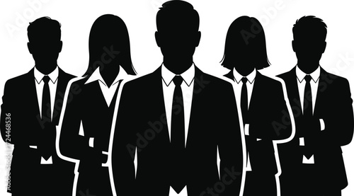 Business team silhouettes in suits, corporate professionals, leadership, teamwork, partnership, collaboration, office staff, group of executives illustration