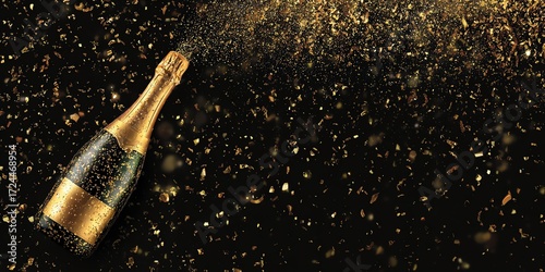 A dynamic image of champagne bottle bursting open, releasing sparkling bubbles against a dark background, perfect for celebration themes.