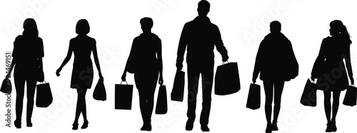Shopping people silhouettes, group of shoppers with bags, retail customers, consumer lifestyle, fashion buyers, mall shopping illustration, commercial concept