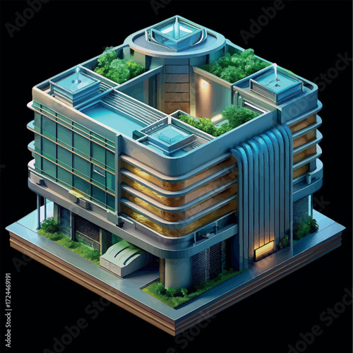 Isometric Architecture: A striking isometric perspective of a modern building, showcasing intricate details, clean lines, and a visionary design concept.